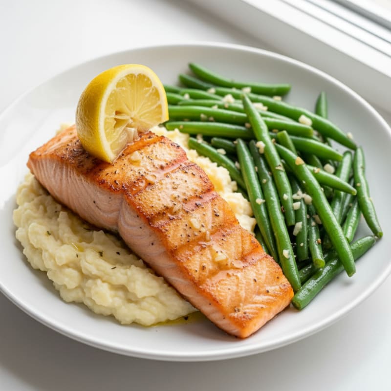 Seared Salmon with Garlic Green Beans and Mashed Cauliflower