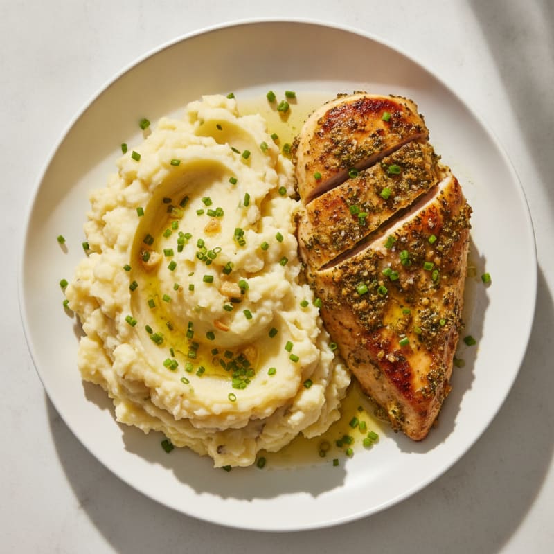 Buttery Garlic Mashed Potatoes with Herb-Seared Chicken