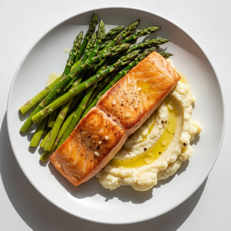 Seared Salmon with Roasted Asparagus and Garlic Mashed Cauliflower