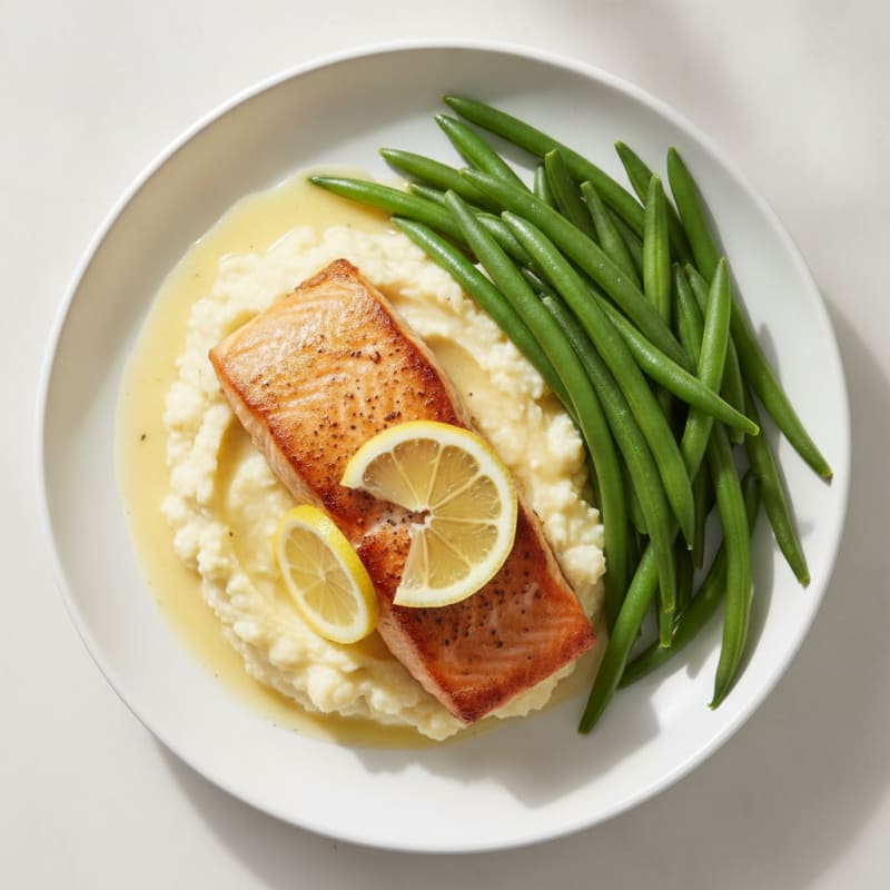 Seared Salmon with Steamed Green Beans and Garlic Mashed Cauliflower