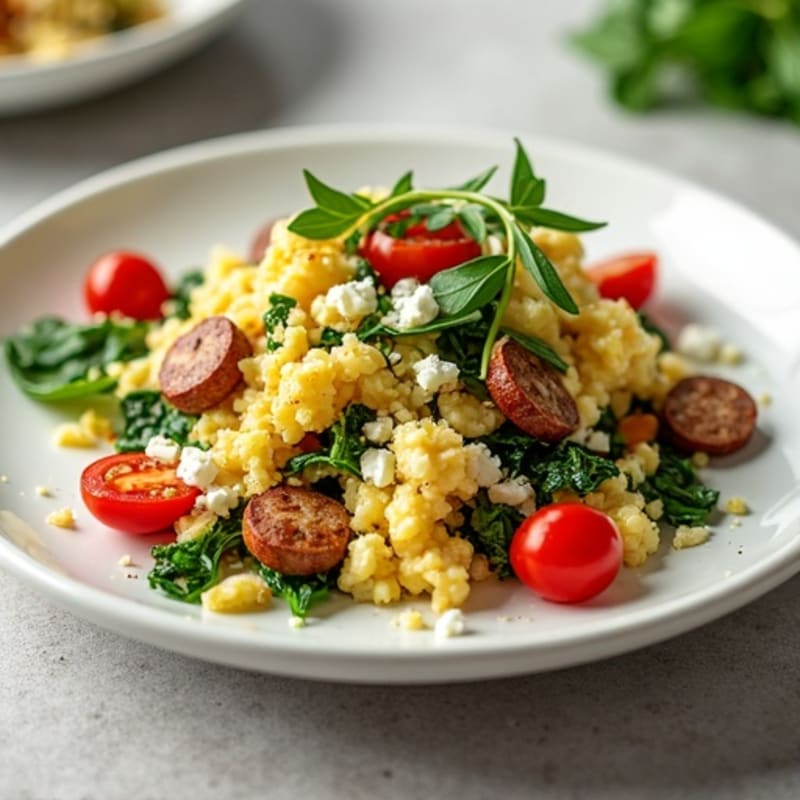 Egg White and Turkey Sausage Scramble with Spinach and Tomatoes