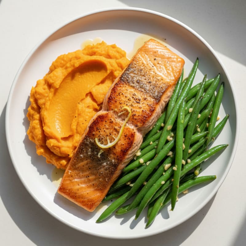 Seared Salmon with Lemon-Garlic Green Beans and Sweet Potato Mash