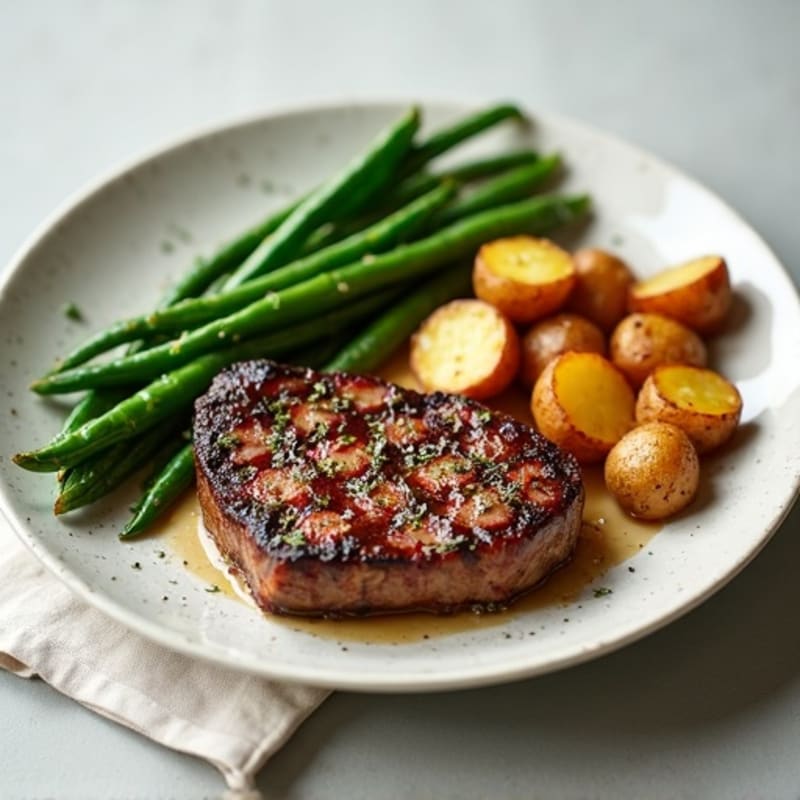 Seared Steak with Garlic Green Beans and Roasted Baby Potatoes