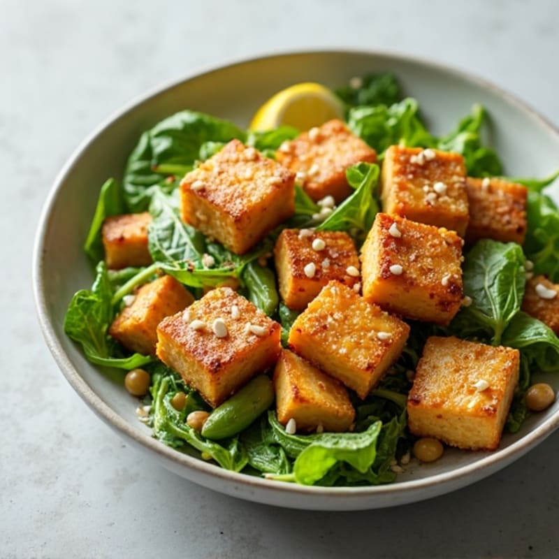 Crispy Tofu and Edamame Power Salad with Lemon-Tahini Dressing