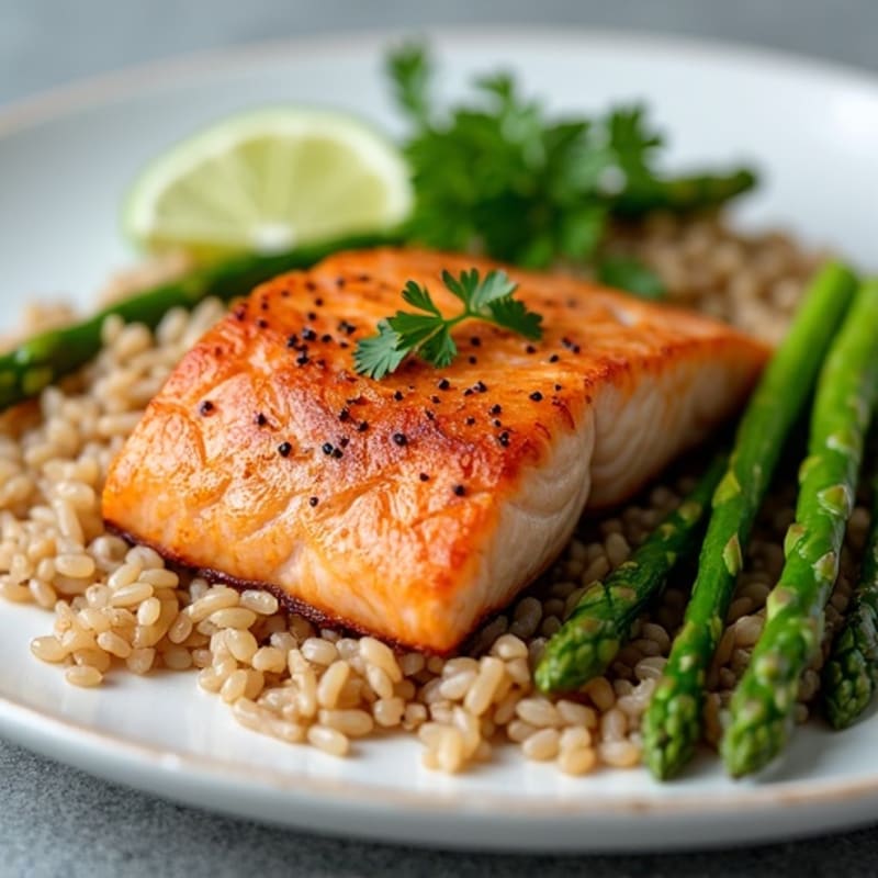 Seared Salmon Fillet with Steamed Asparagus and Brown Rice