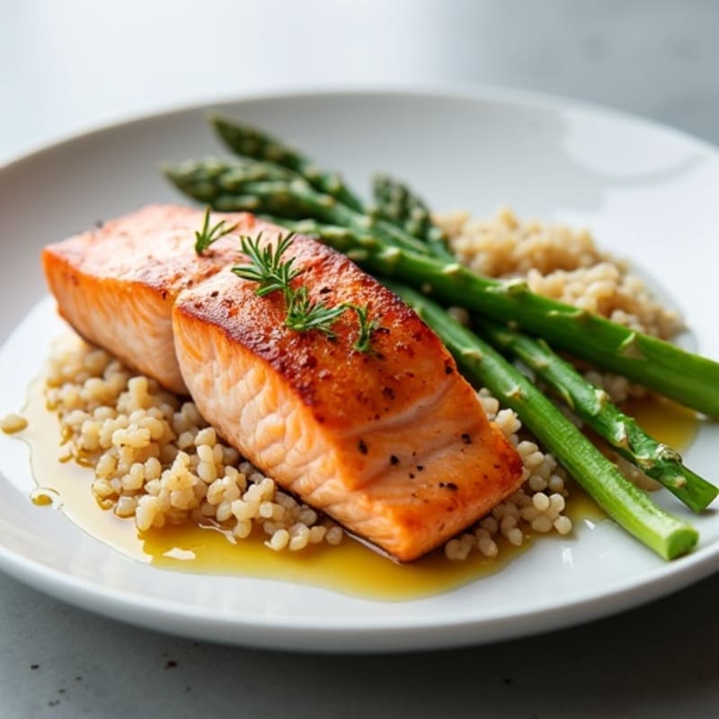 Seared Salmon Fillet with Steamed Asparagus and Brown Rice