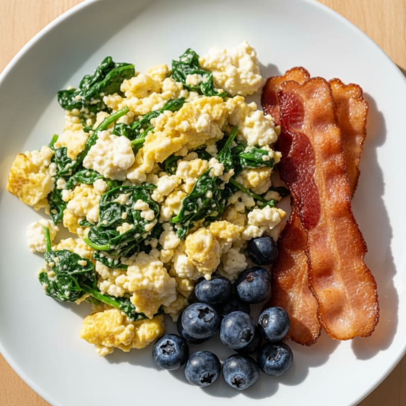 Cottage Cheese Scramble with Spinach and Turkey Bacon