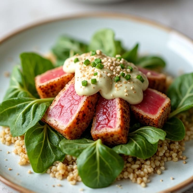 Crispy Seared Ahi Tuna with Creamy Wasabi Mayo and Fresh Greens