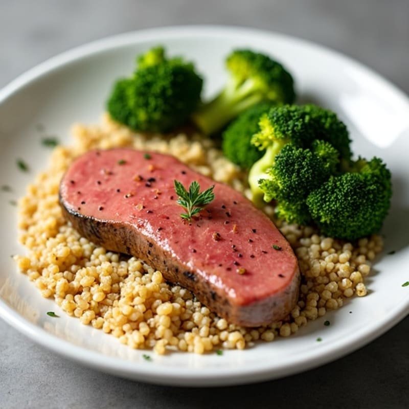 Pan-Seared Tuna with Crispy Roasted Broccoli and Quinoa