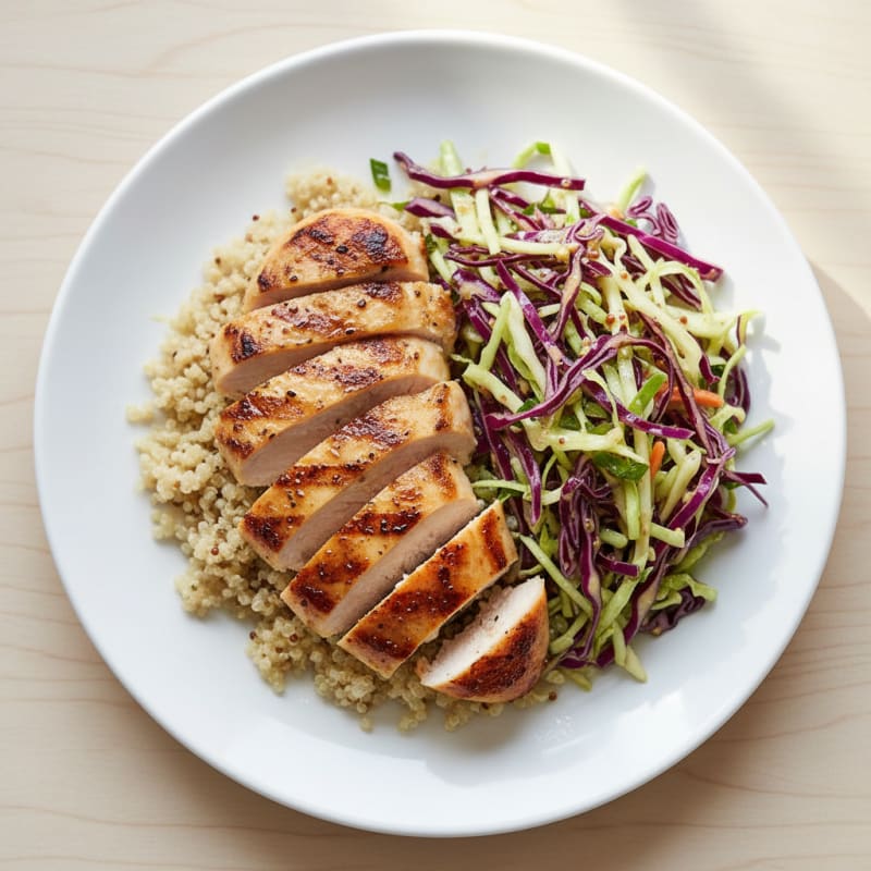 Grilled Chicken Breast with Crunchy Cabbage Slaw and Quinoa