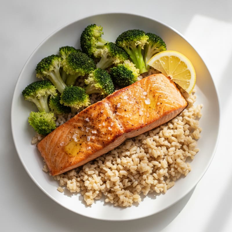 Seared Salmon with Steamed Broccoli and Brown Rice