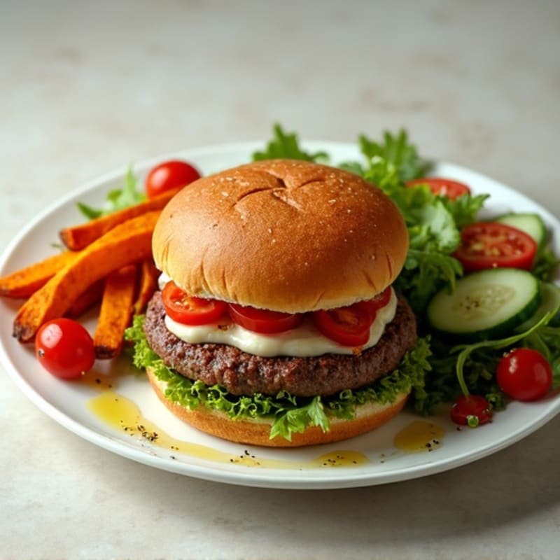 Lean Beef Burger with Crispy Sweet Potato Fries and Fresh Green Salad