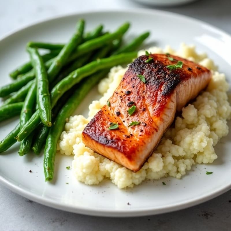 Seared Salmon with Steamed Green Beans and Garlic Mashed Cauliflower