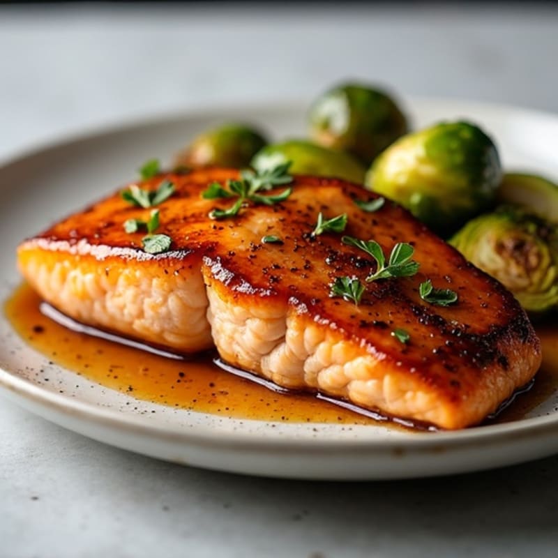 Sweet-Sticky Maple Glazed Salmon with Roasted Brussels