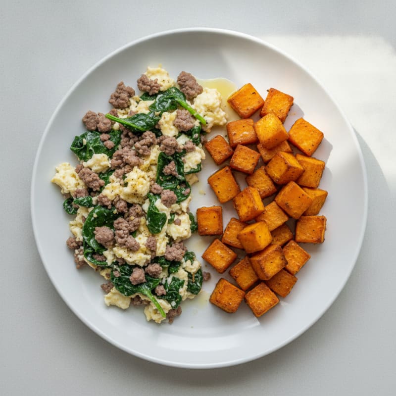 Beef and Spinach Egg White Scramble with Roasted Sweet Potatoes