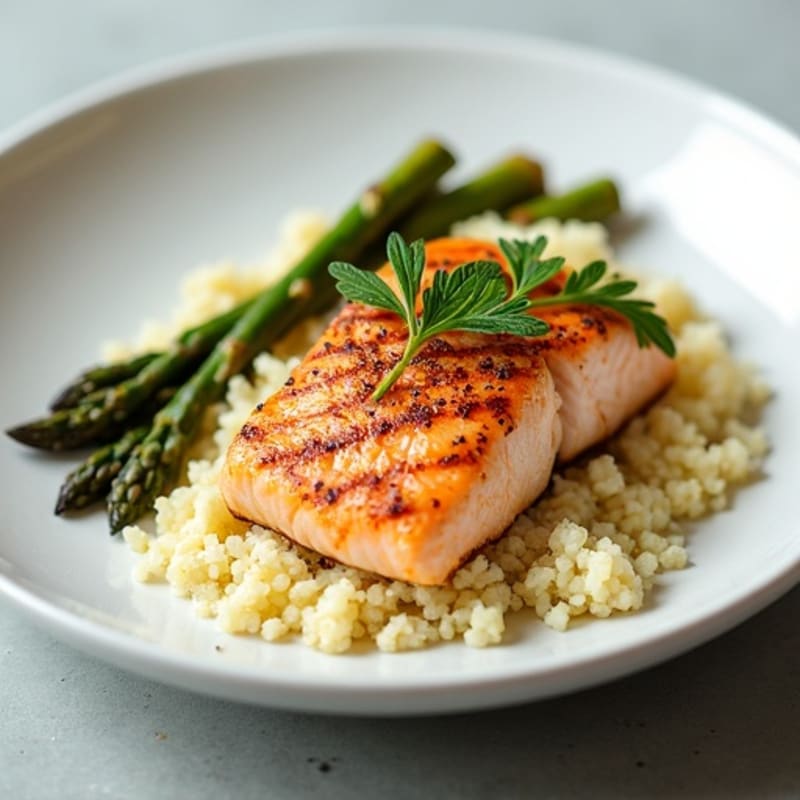 Seared Salmon with Steamed Asparagus and Cauliflower Rice