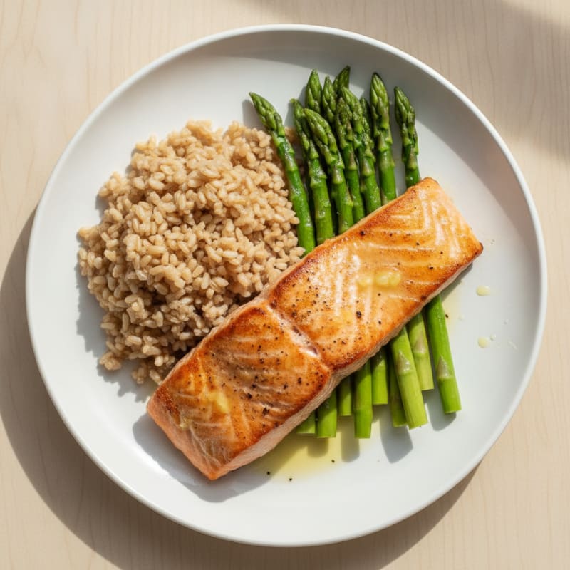 Seared Salmon Fillet with Steamed Asparagus and Brown Rice