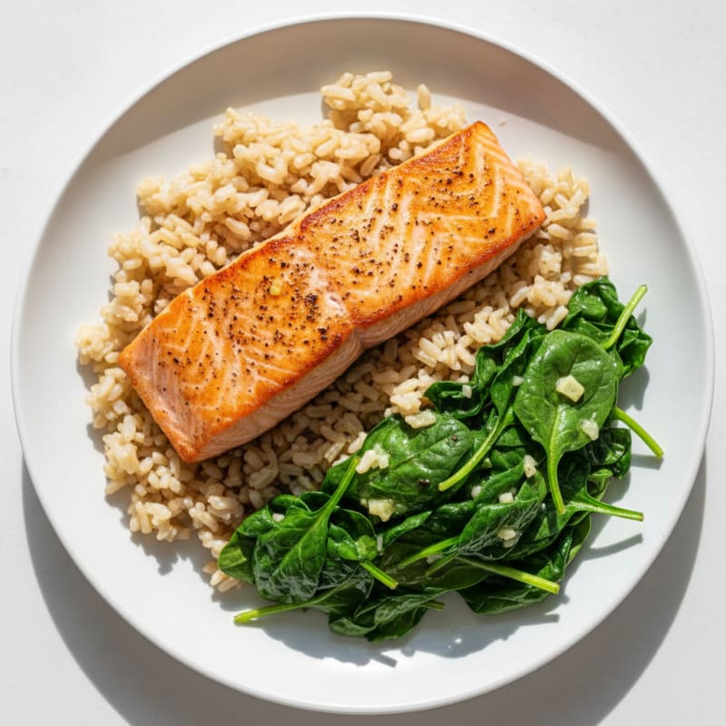 Seared Salmon with Garlic Spinach and Brown Rice