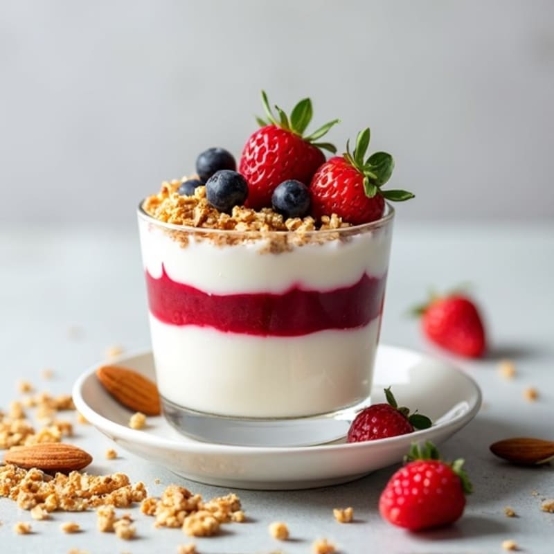 Greek Yogurt Parfait with Crunchy Almond Granola and Mixed Berries