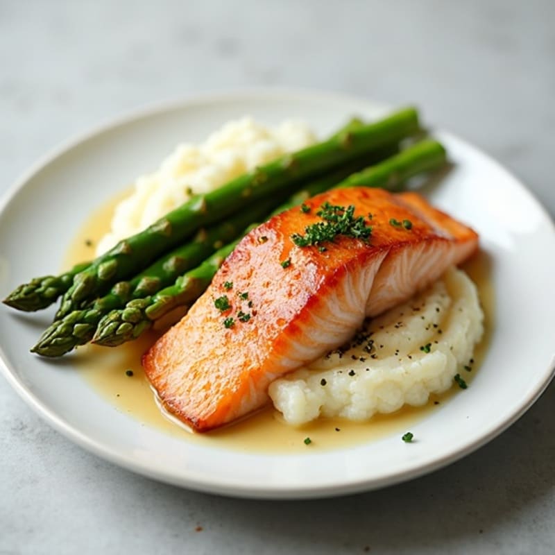 Seared Salmon with Steamed Asparagus and Garlic Mashed Cauliflower