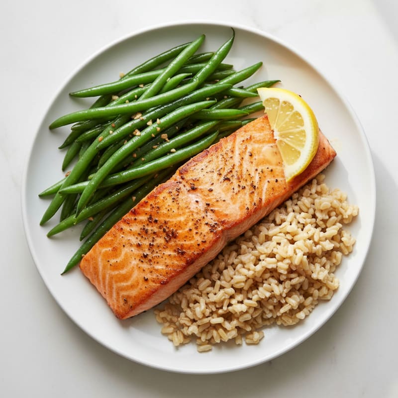 Seared Salmon with Garlic Green Beans and Brown Rice