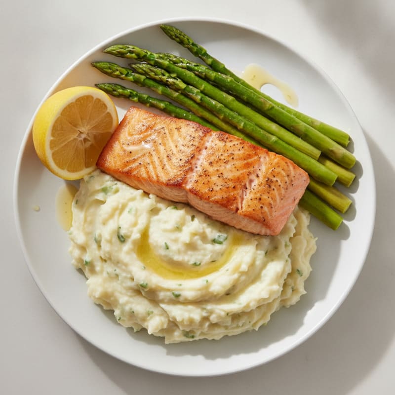 Seared Salmon with Steamed Asparagus and Garlic Mashed Potatoes