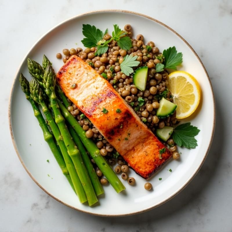 Seared Salmon Filet with Lentil Salad and Steamed Asparagus