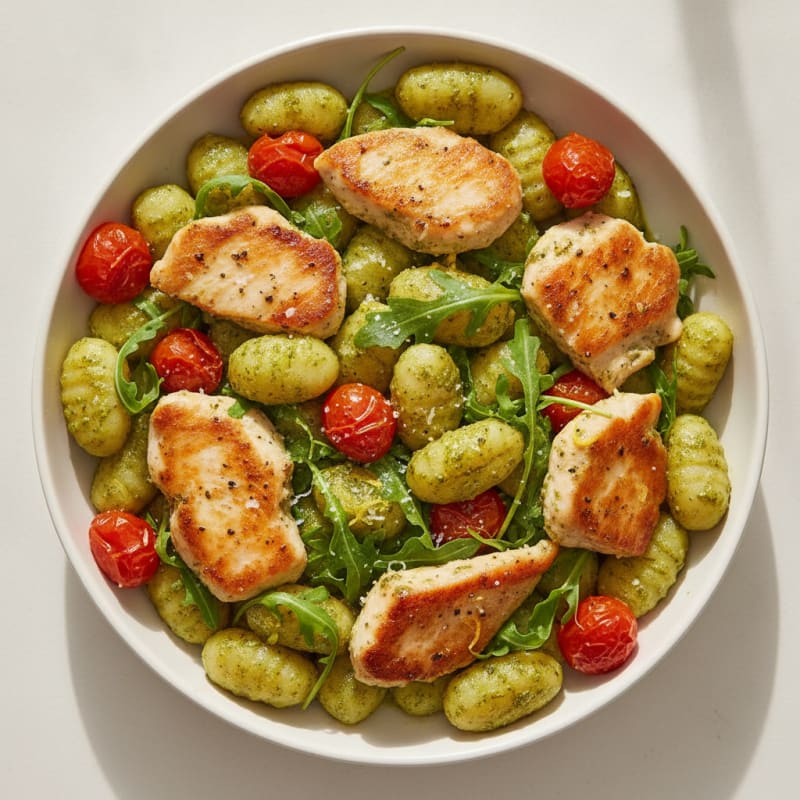 Gnocchi with Arugula Pesto and Cherry Tomatoes