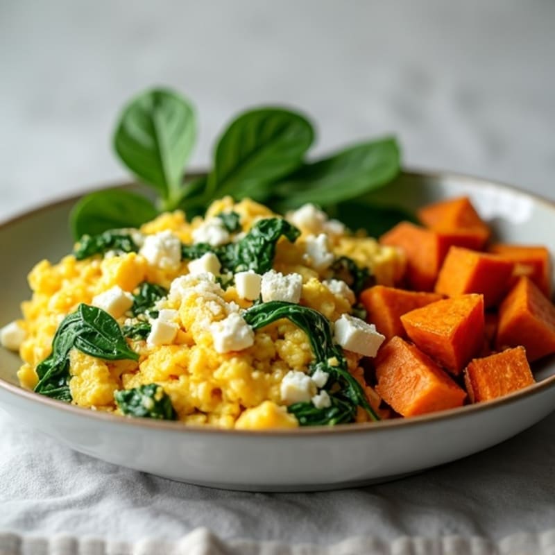 Fluffy Egg and Spinach Scramble with Roasted Sweet Potatoes