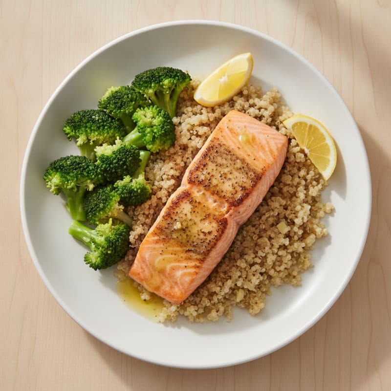 Seared Salmon Fillet with Steamed Broccoli and Quinoa