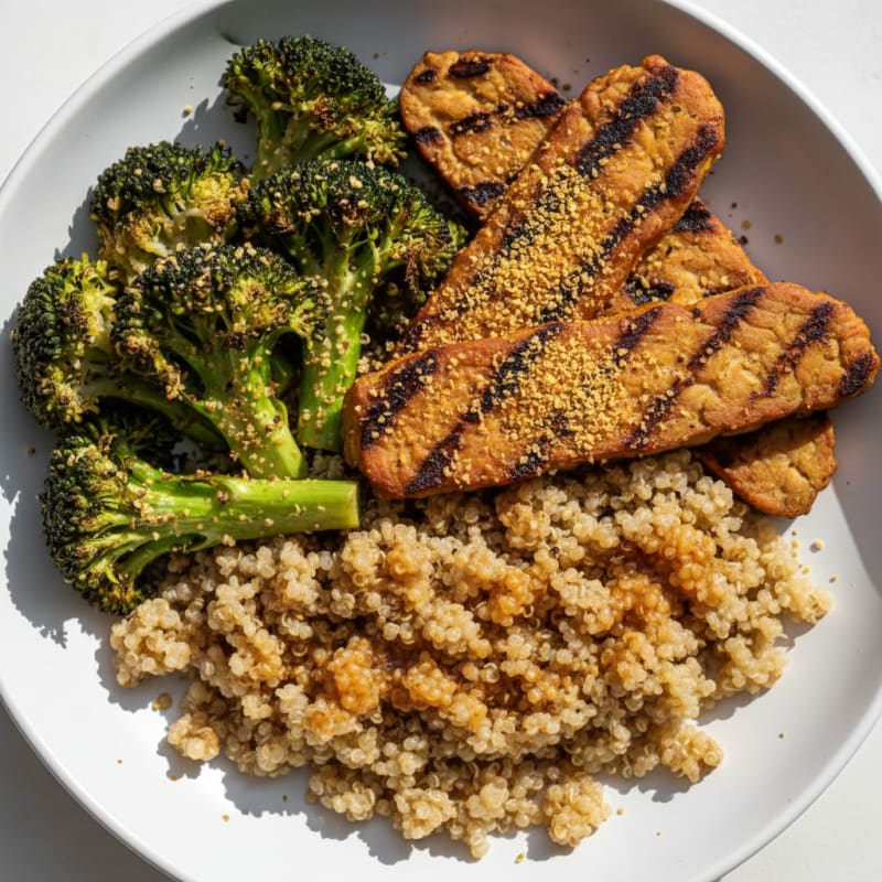 Grilled Tempeh with Roasted Broccoli and Quinoa