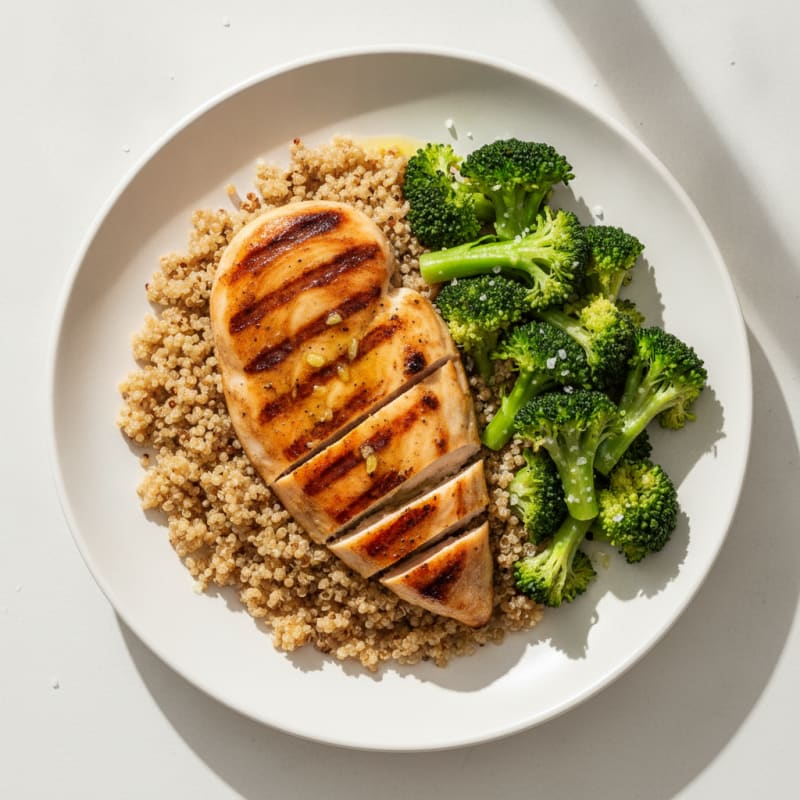 Grilled Lemon Garlic Chicken Breast with Quinoa and Steamed Broccoli