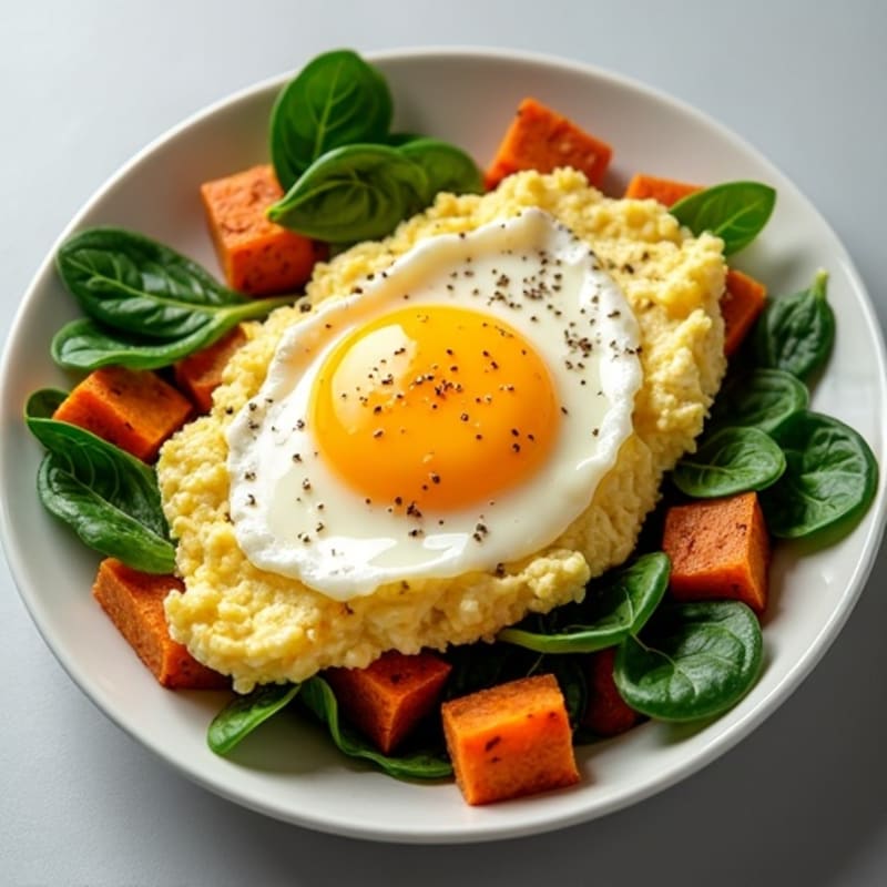 Scrambled Eggs with Crispy Sweet Potato Hash and Fresh Spinach