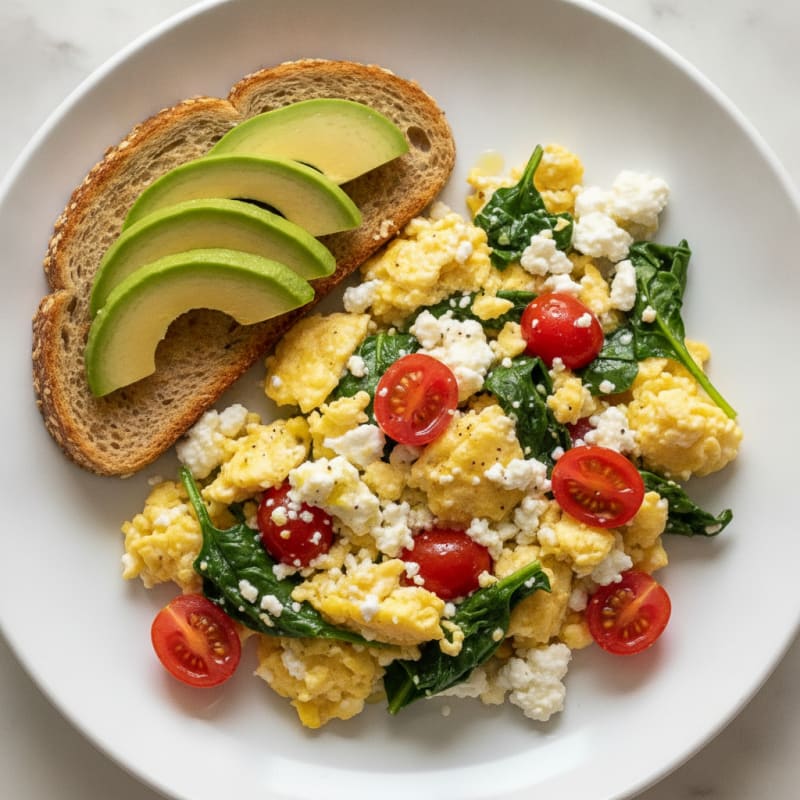 Cottage Cheese Egg Scramble with Spinach and Tomatoes