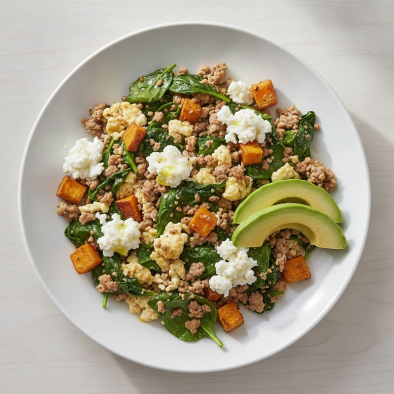 Egg White and Turkey Spinach Scramble with Cottage Cheese