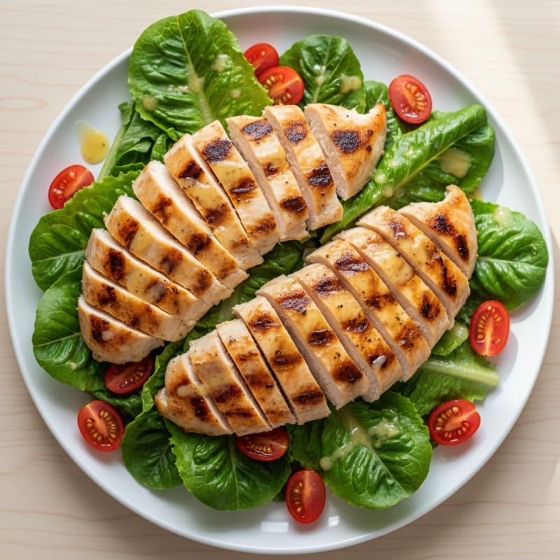 Grilled Chicken Breast over Crisp Romaine with Cherry Tomatoes and Lemon Vinaigrette