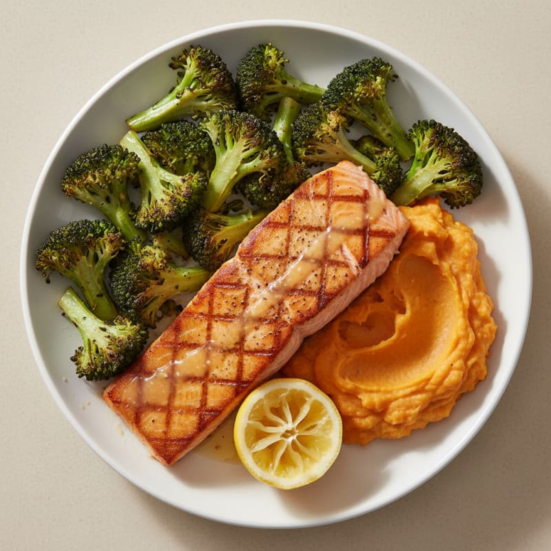 Seared Salmon with Roasted Broccoli and Sweet Potato Mash