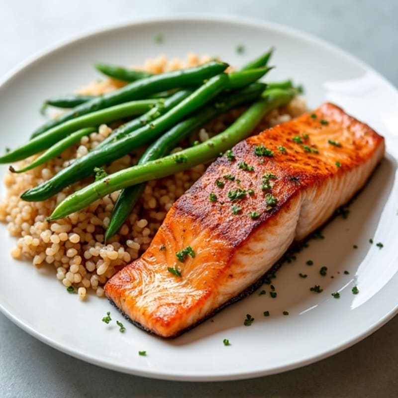 Seared Salmon with Steamed Green Beans and Brown Rice