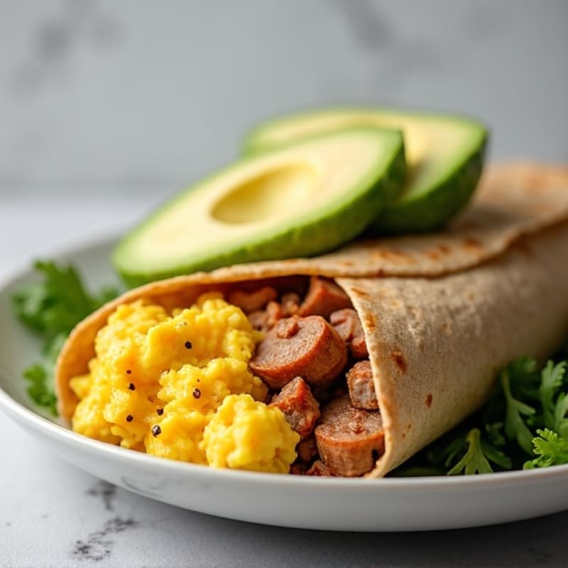Turkey Sausage and Scrambled Egg Whole Wheat Burrito with Creamy Avocado