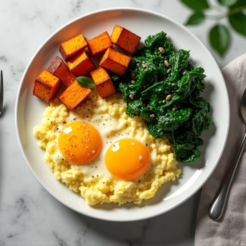 Creamy Egg Yolk Scramble with Sautéed Greens and Roasted Sweet Potato