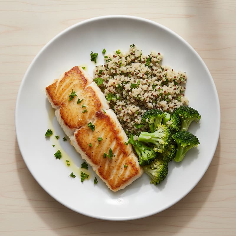Seared Cod with Steamed Broccoli and Herbed Quinoa