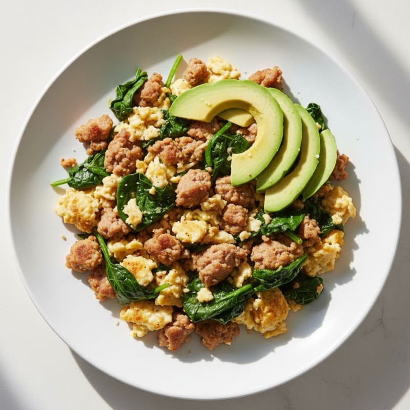 Egg White and Turkey Sausage Scramble with Sautéed Spinach