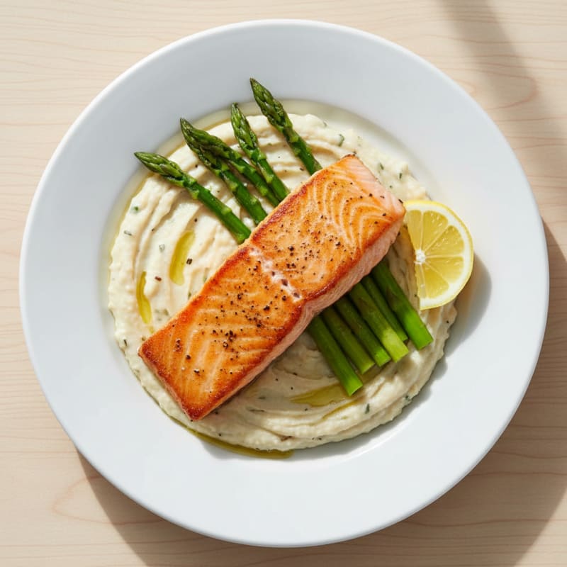 Seared Salmon Fillet with Creamy White Bean Mash and Steamed Asparagus
