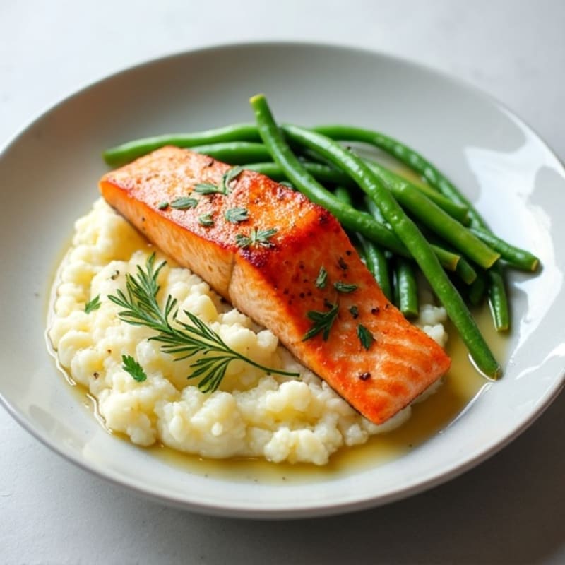 Seared Salmon Fillet with Steamed Green Beans and Cauliflower Mash