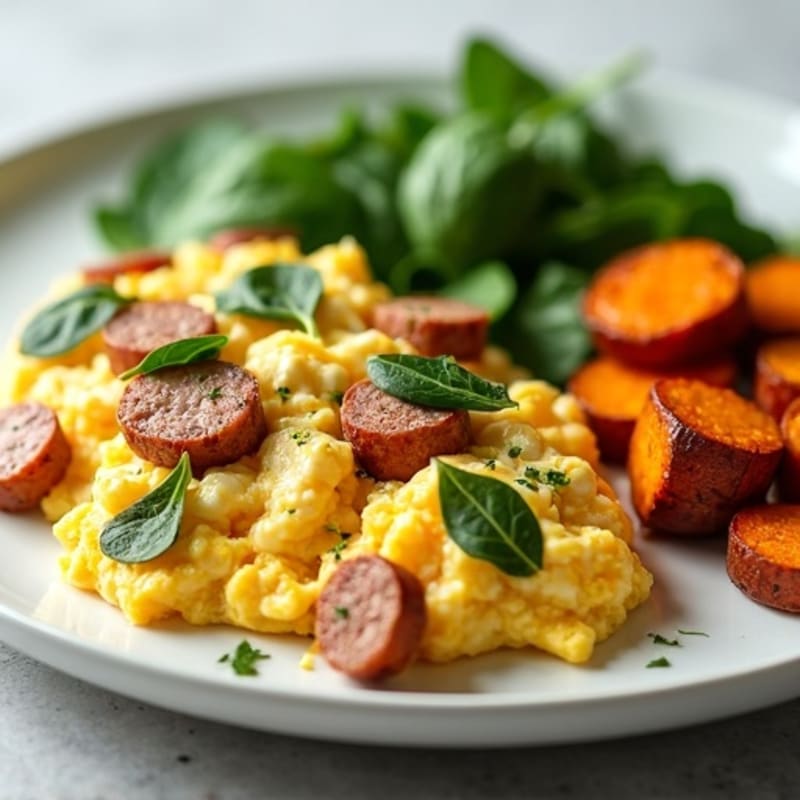 Egg White and Turkey Sausage Scramble with Spinach and Roasted Sweet Potatoes