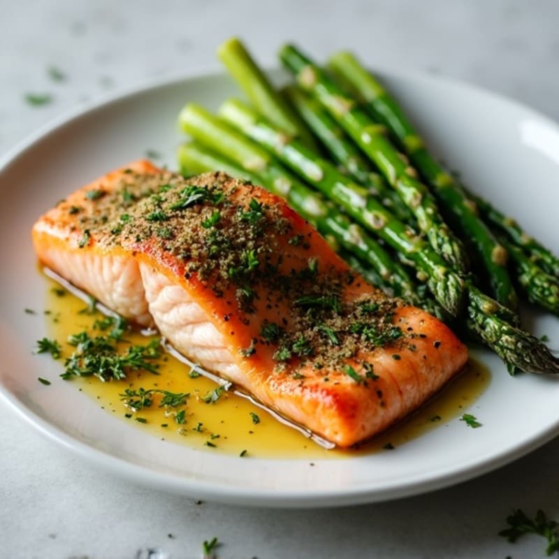Herb-Crusted Pan Seared Salmon with Roasted Asparagus