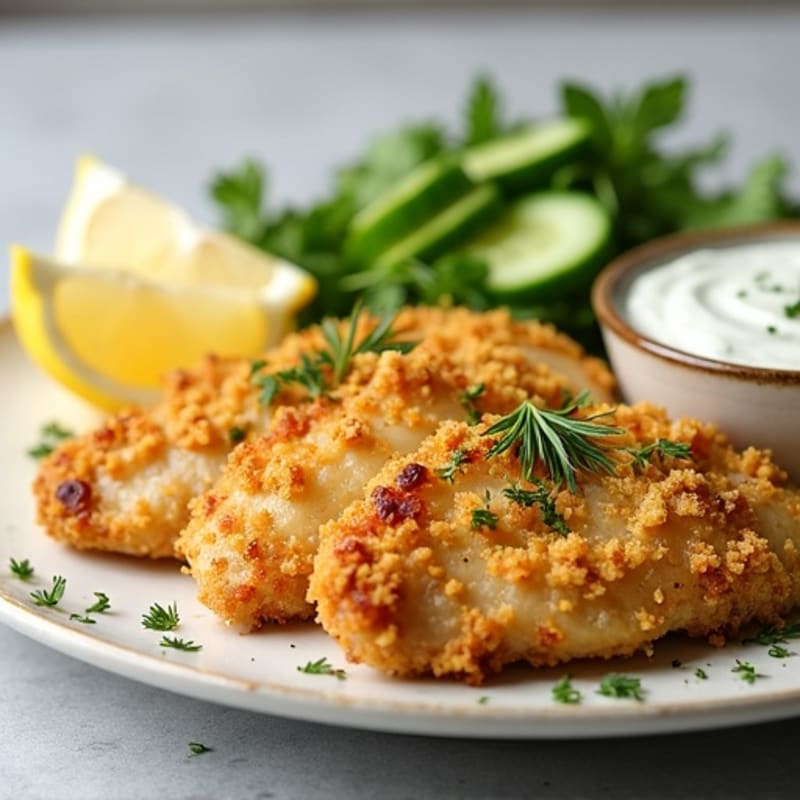 Crispy Lemon Garlic Chicken with Fresh Cucumber Dill Yogurt Sauce