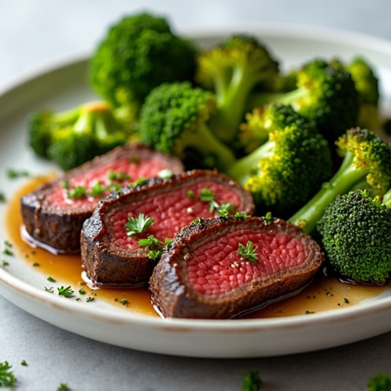 Seared Garlic Herb Beef with Crispy Roasted Broccoli
