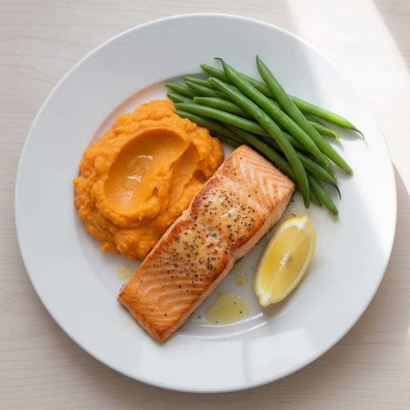 Seared Salmon Fillet with Steamed Green Beans and Sweet Potato Mash