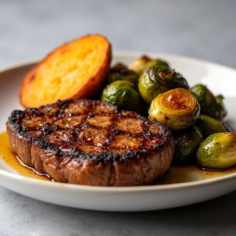 Pan-Seared New York Strip Steak with Crispy Roasted Brussels Sprouts and Sweet Potato